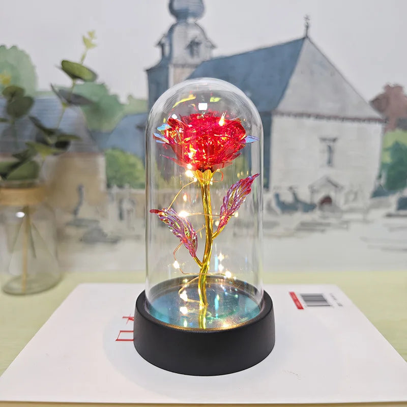 24K Gold Rose Light String Acrylic Dome Artificial Rose Plastic Christmas Decor